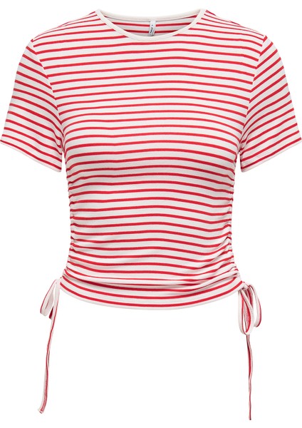 Onldevin Slim Fit Bisiklet Yaka Çizgili Büzgü Detaylı T Shirt Bayan T Shirt 15346302