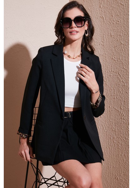 Standart Fit Mono Yaka Desenli Astar Detaylı Blazer Kadın Ceket6524003