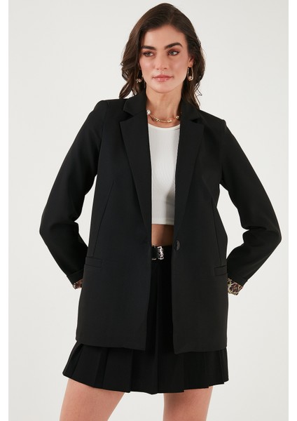 Standart Fit Mono Yaka Desenli Astar Detaylı Blazer Kadın Ceket6524003