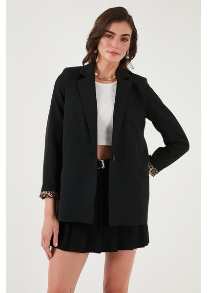 Standart Fit Mono Yaka Desenli Astar Detaylı Blazer Kadın Ceket6524003