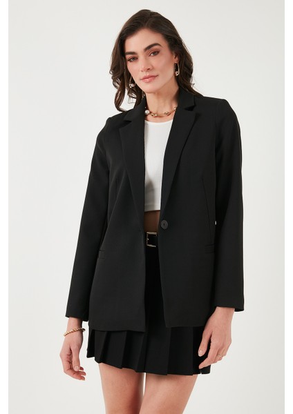 Standart Fit Mono Yaka Desenli Astar Detaylı Blazer Kadın Ceket6524003
