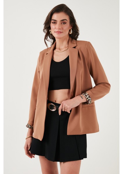 Standart Fit Mono Yaka Desenli Astar Detaylı Blazer Kadın Ceket6524003