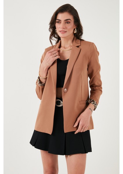 Standart Fit Mono Yaka Desenli Astar Detaylı Blazer Kadın Ceket6524003