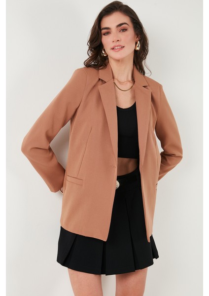 Standart Fit Mono Yaka Desenli Astar Detaylı Blazer Kadın Ceket6524003