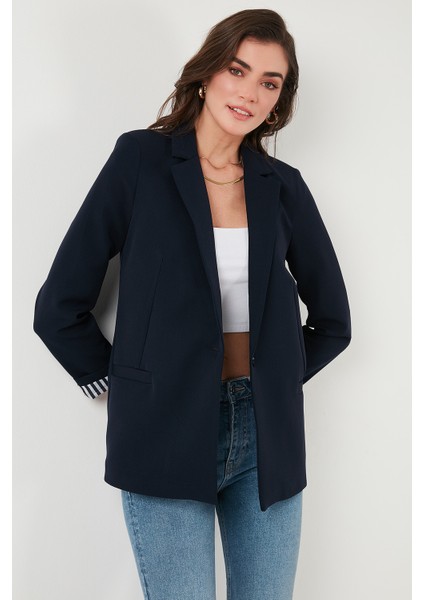Standart Fit Mono Yaka Desenli Astar Detaylı Blazer Kadın Ceket6524003