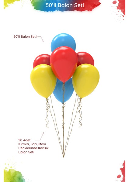 Süper Kahraman Temalı Balon Seti - 12" Pastel Sarı, Kırmızı ve Mavi Karışık Balon - 50 Adet