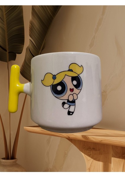 Powerpuff Bubblesss Çift Taraf Baskılı Kupa- Seramik Çay, Kahve Hediyelik Bardağı (Sarı T)
