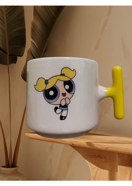 Powerpuff Bubblesss Çift Taraf Baskılı Kupa- Seramik Çay, Kahve Hediyelik Bardağı (Sarı T)
