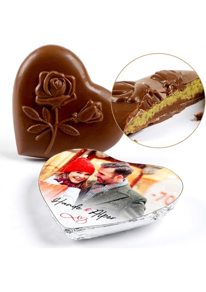 Fotoğraflı Isimli Sevgiliye Hediye Antep Fıstıklı Kadayıflı Dolgulu (Kalp Şeklinde) Dubai Çikolatası modelleri