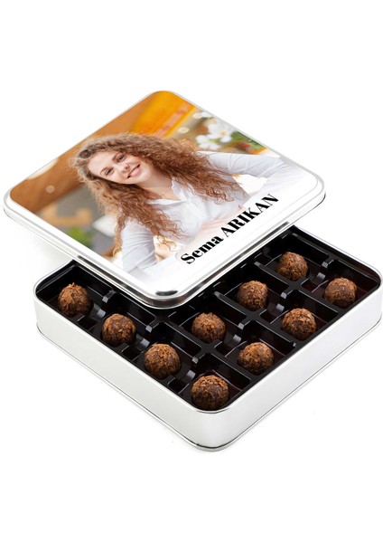 Fotoğraflı Isimli Hediye Tahinli Truffle Çikolata (Metal Kutu)
