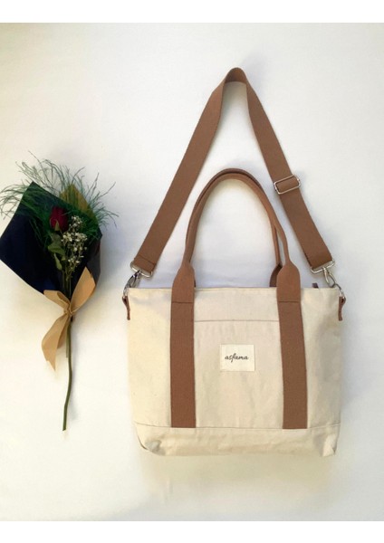 Büyük Boy Fermuarlı Kanvas Çanta Omuz Askılı Tote Bag