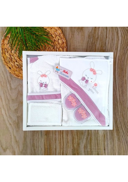 Kız Bebek Pembe Tavşan Kulaklı Pamuklu Bornoz Takımı BBK1089