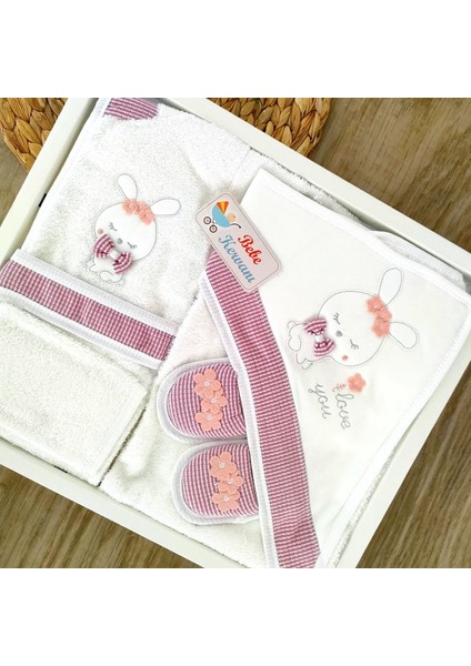 Kız Bebek Pembe Tavşan Kulaklı Pamuklu Bornoz Takımı BBK1089