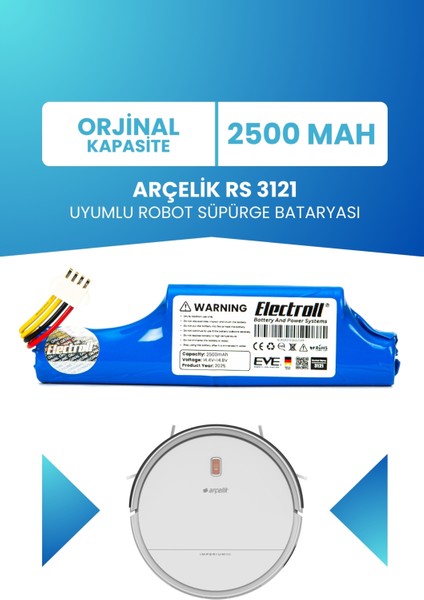 Arçelik Rs 3121 Uyumlu Batarya (Orjinal Kapasite) 2500MAH Pil Robot Süpürge Bataryası Değişimi 9178024542