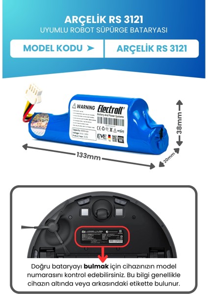 Arçelik Rs 3121 Uyumlu Batarya (Orjinal Kapasite) 2500MAH Pil Robot Süpürge Bataryası Değişimi 9178024542 fiyatları
