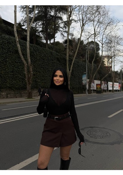 Kadın Bej Yüksek Bel Cepli Kemerli Içi Şortlu Etek fiyatları
