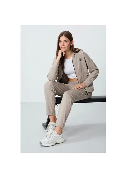 T10BY-95306_01 Bayan Ceket/dar Paça Eşofman Takımı Koyu Bej
