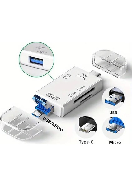 6'sı 1 Arada Çok Fonksiyonlu Kart Okuyucu, Usb/micro/type-C Adaptörü