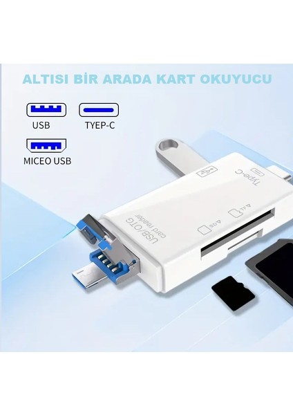 6'sı 1 Arada Çok Fonksiyonlu Kart Okuyucu, Usb/micro/type-C Adaptörü