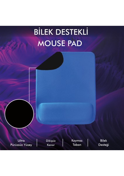 MP02 - Dörtgen Bilek Destekli Mouse Pad | Konfor, Kaymaz Taban, Ergonomik, Yumuşak, Ev,ofis