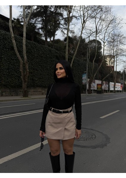 Kadın Bej Yüksek Bel Cepli Kemerli Içi Şortlu Etek fiyatları