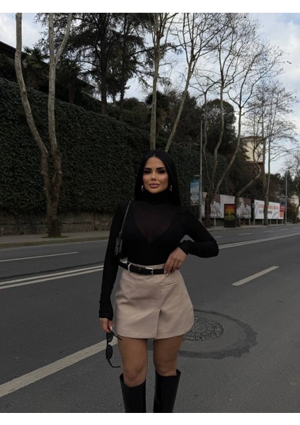 Kadın Bej Yüksek Bel Cepli Kemerli Içi Şortlu Etek fırsatları