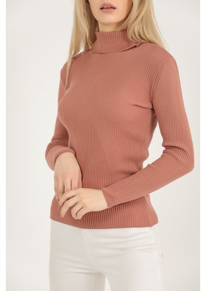 Kadın Gül Kurusu Boğazı Fırfırlı Fitilli Merdiven Desenli Triko Kazak fiyatları