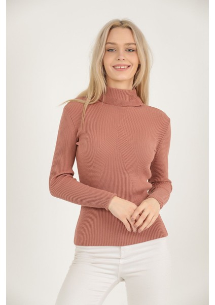 Kadın Gül Kurusu Boğazı Fırfırlı Fitilli Merdiven Desenli Triko Kazak modelleri