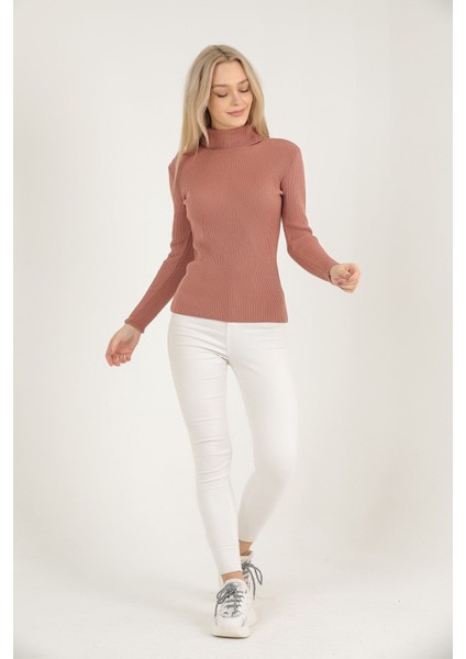 Kadın Gül Kurusu Boğazı Fırfırlı Fitilli Merdiven Desenli Triko Kazak fırsatları