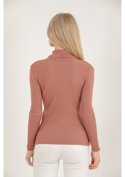 Kadın Gül Kurusu Boğazı Fırfırlı Fitilli Merdiven Desenli Triko Kazak indirimleri