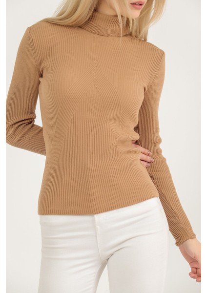 Kadın Kamel Boğazı Fırfırlı Fitilli Merdiven Desenli Triko Kazak fiyatları