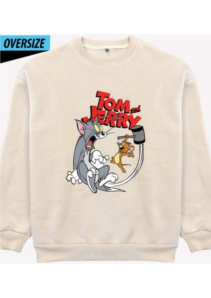 Tom & Jerry Oversized Sweatshirt – Bitmeyen Kovalamaca Başlasın! Bej