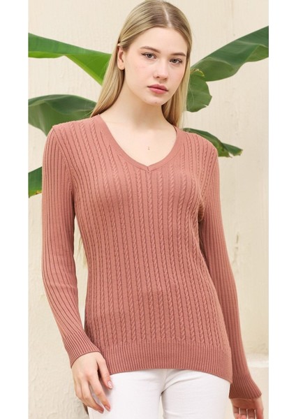 Kadın Gül Kurusu Saç Örgü Desen Esnek Yumuşak V Yaka Triko Kazak