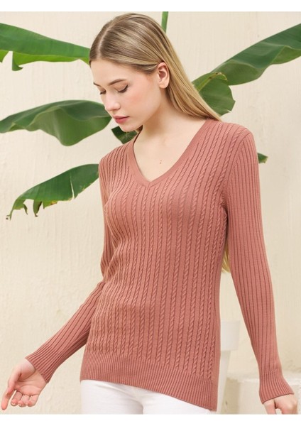 Kadın Gül Kurusu Saç Örgü Desen Esnek Yumuşak V Yaka Triko Kazak fiyatları