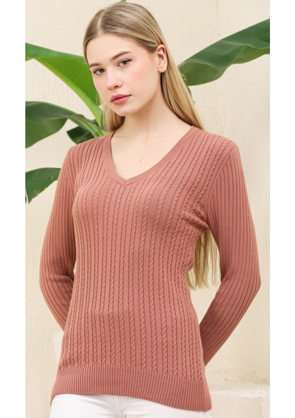 Kadın Gül Kurusu Saç Örgü Desen Esnek Yumuşak V Yaka Triko Kazak modelleri