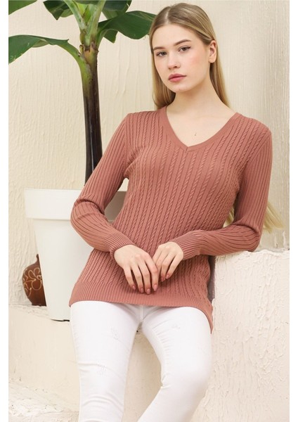 Kadın Gül Kurusu Saç Örgü Desen Esnek Yumuşak V Yaka Triko Kazak fırsatları