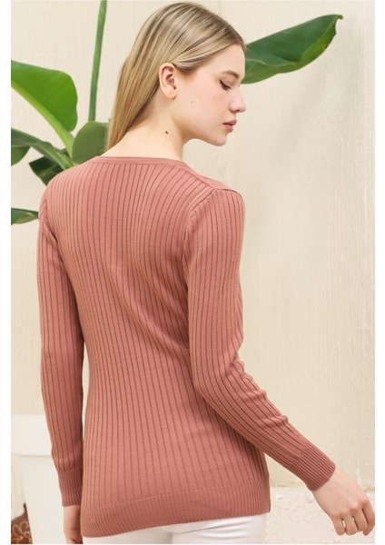 Kadın Gül Kurusu Saç Örgü Desen Esnek Yumuşak V Yaka Triko Kazak indirimleri