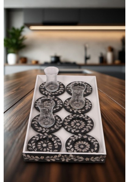 Oceanpoint Dikdörtgen Sunum Tepsisi ve 12'li Çay Tabağı Seti, Mozaik Desenli, Dekoratif Servis Seti, 45 cm