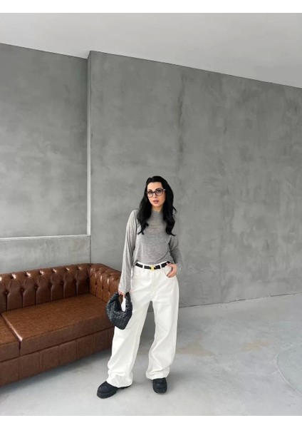 Bisiklet Yaka Uzun Kollu Crop - Gri