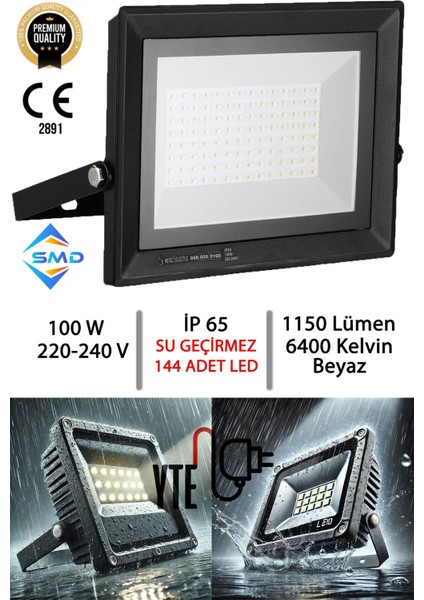 LED Projektör 100 W Ip 65 Su-Toz Geçirmez 11550 Lm Smd LED Yüksek Işık Beyaz 6400K PARS-100