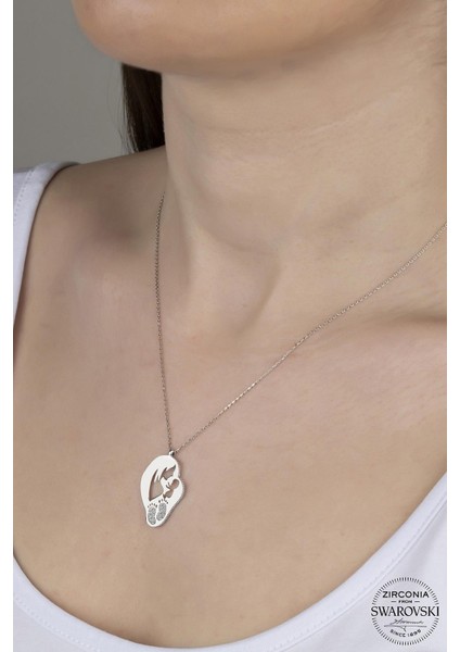 Swr Zirconia Ayak Izli Anne ve Bebek Kadın Gümüş Kolye