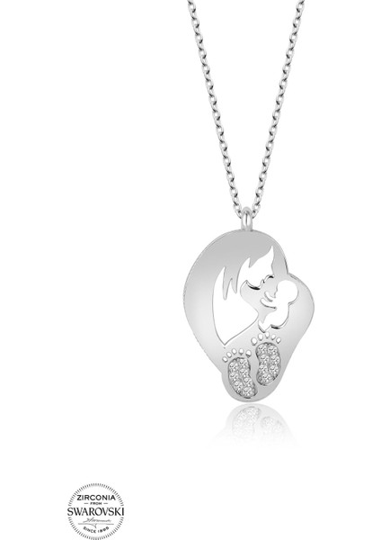 Swr Zirconia Ayak Izli Anne ve Bebek Kadın Gümüş Kolye