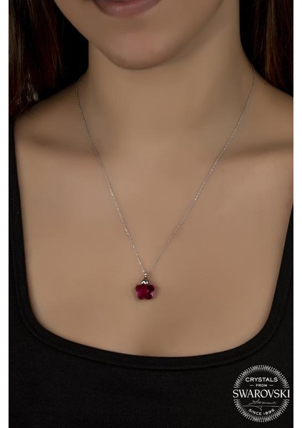 Swr Crystal 12 mm Fushia Çiçek Kadın Gümüş Kolye