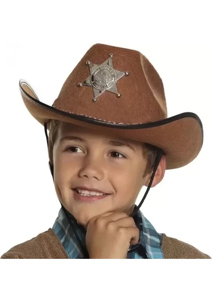 Çocuk Kovboy Şapkası - Vahşi Batı Kovboy Şerif Şapkası Kahve Renk