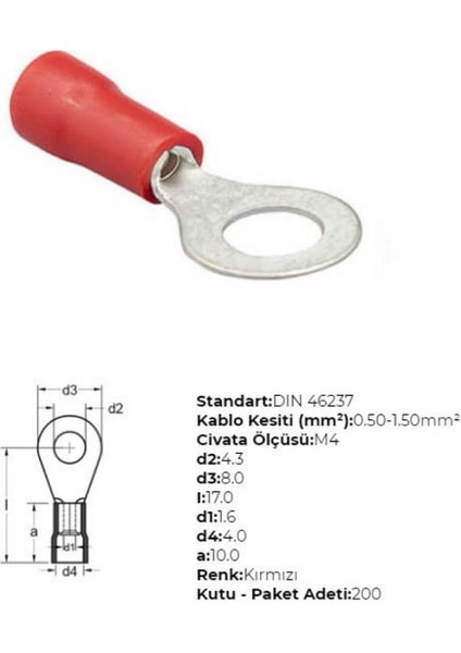 KABLO UCU İZOLELİ (KIRMIZI) (0.5-1.5 MM KABLO UYUMLU) (DELİK ÇAPI:4 MM)