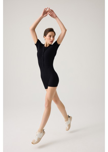 Siyah Fitilli Kısa Kollu Kısa Tulum Short Romper