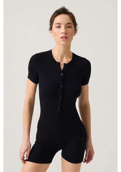 Siyah Fitilli Kısa Kollu Kısa Tulum Short Romper