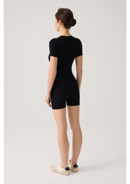 Siyah Fitilli Kısa Kollu Kısa Tulum Short Romper