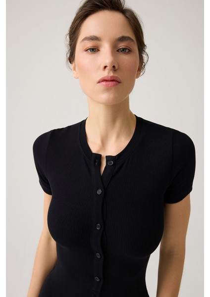 Siyah Fitilli Kısa Kollu Kısa Tulum Short Romper