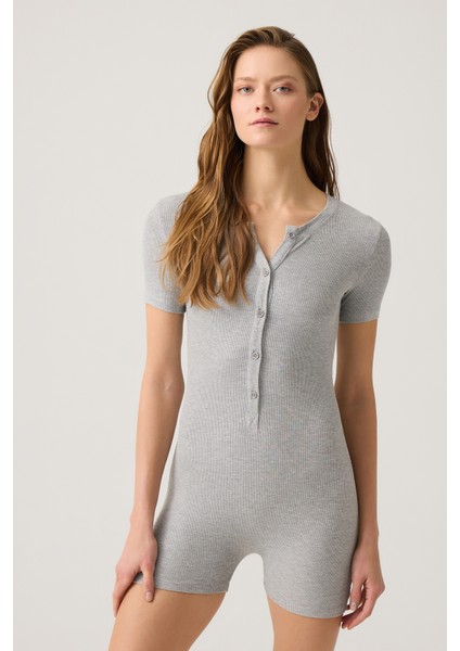 Gri Melanj Fitilli Kısa Kollu Kısa Tulum Short Romper